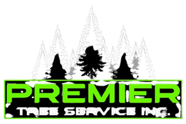 Premier Tree Service Inc. logo with green text, black outline, trees silhouetted against a white background.
