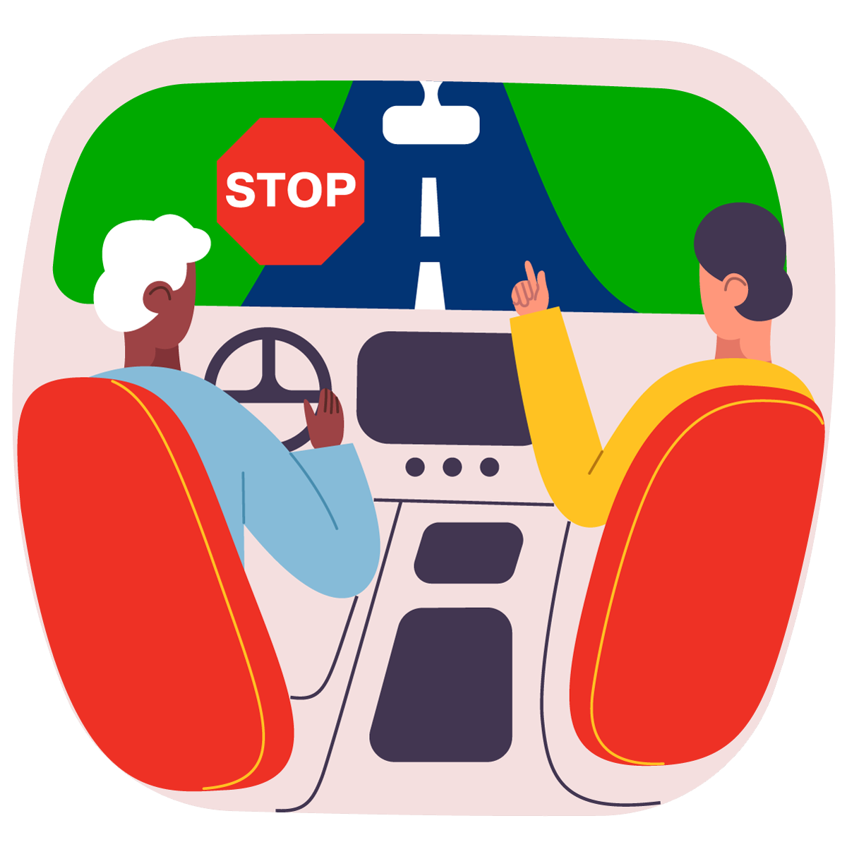 Inside a car, a person drives and another points ahead to a stop sign.