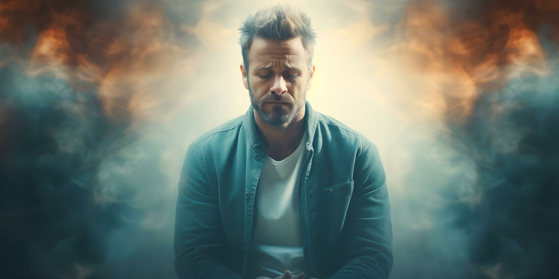A man with a beard is standing in front of a fire and smoke.
