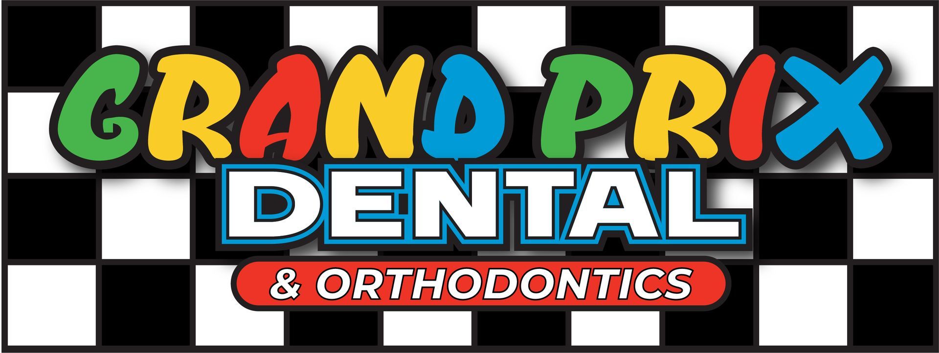 Grand Prix Dental in Katy, TX A logo for grand prix dental and orthodontics with a checkered background.