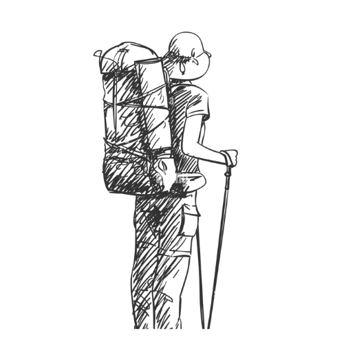 Person hiking with backpack and trekking pole.