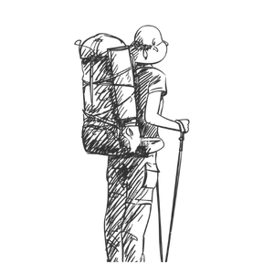 Person hiking with backpack and trekking pole.