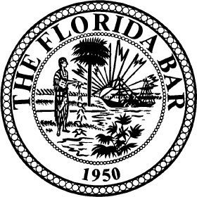 The seal of the florida bar is black and white and shows a woman standing next to a palm tree.