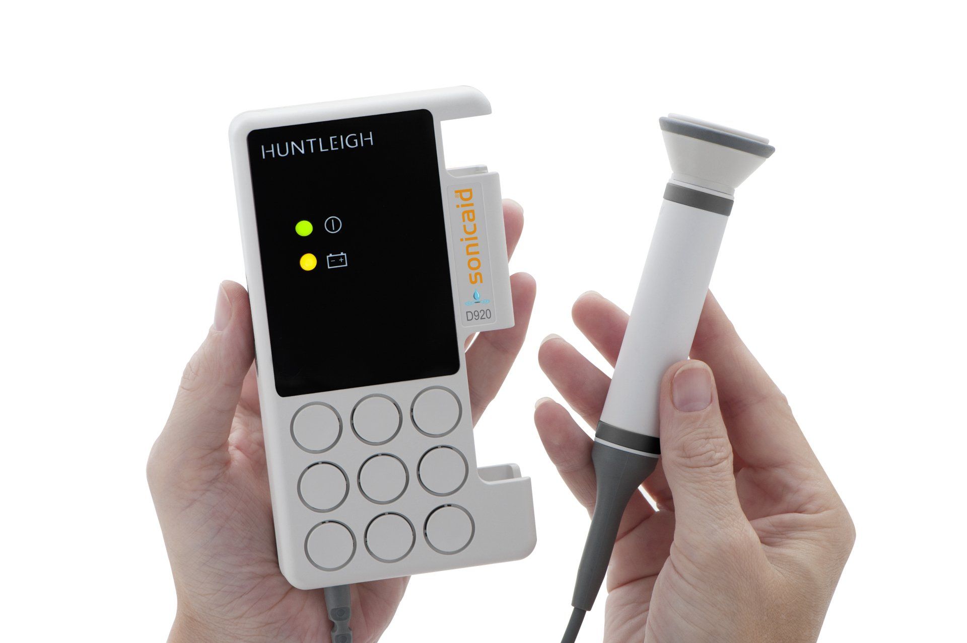 a hand holding a sSonicaid D920 Doppler with a hand holding a fetal probe