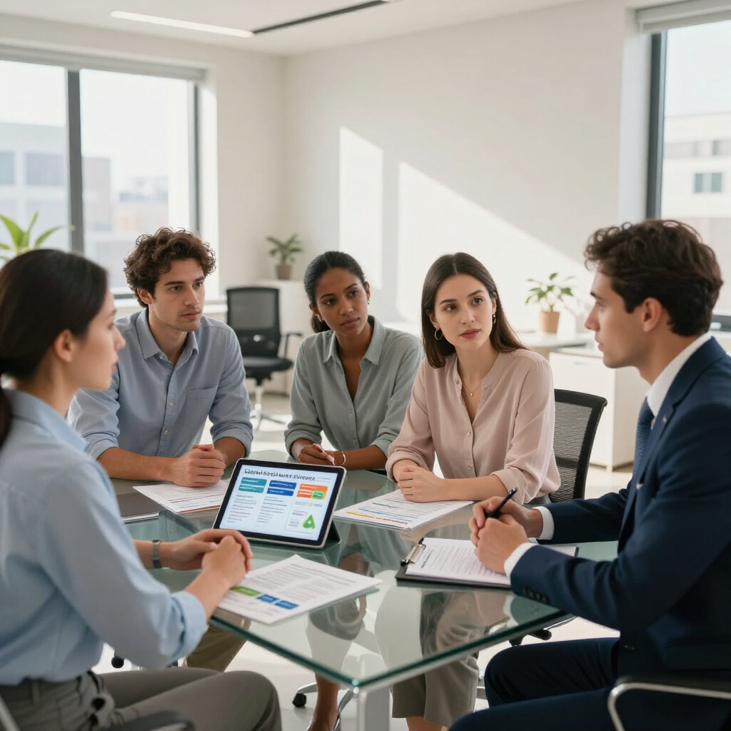 Un equipo de profesionales analiza una presentación de negocios 