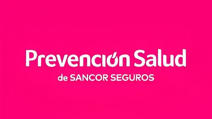 The Prevención Salud de SANCOR SEGUROS logo in white text on a bright pink background.