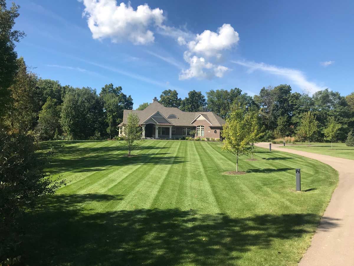 Hands in yellow gloves holding fertilizer over a green lawn.