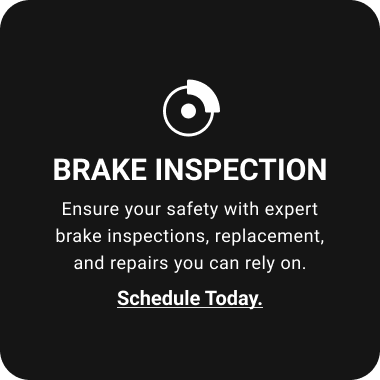 Brake inspection service ad. Black background with white text and graphic of a brake. | GenAuto