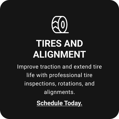 Black square with tire icon, text: Tires and Alignment. Schedule tire inspections, rotations, and alignments. | GenAuto