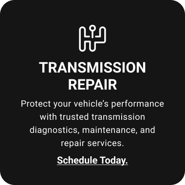 Black square with transmission repair information and a gear shift icon. Includes 