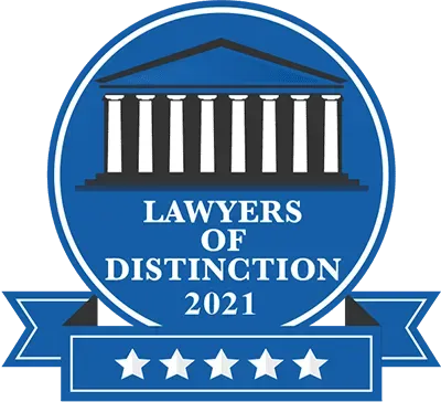 Blue Lawyers of Distinction 2021 badge with courthouse icon, ribbon, and five stars.