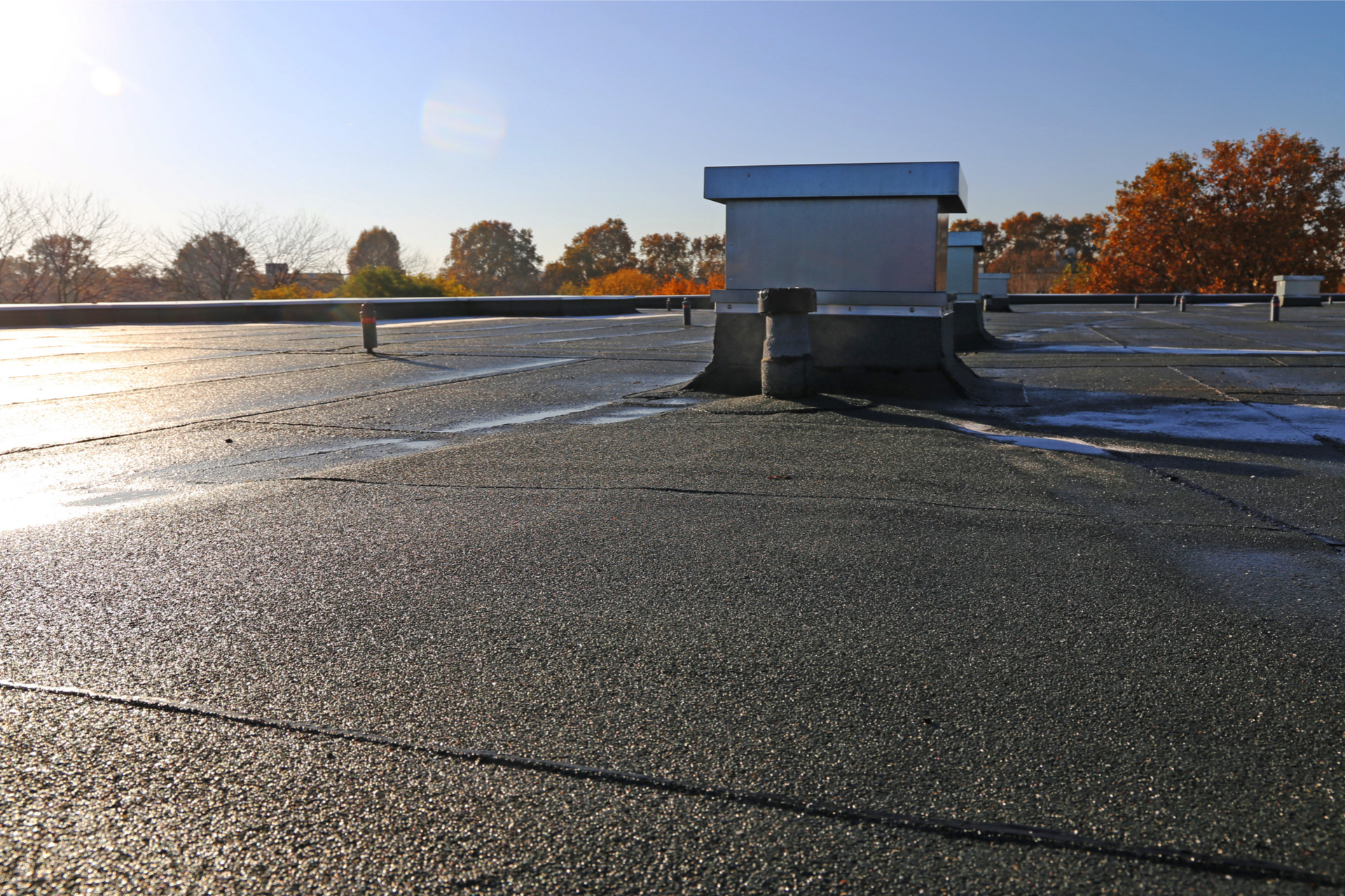 A commercial roof with a few roof jacks on it and trees in the background.