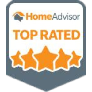 A badge that says `` home advisor top rated '' with five stars.