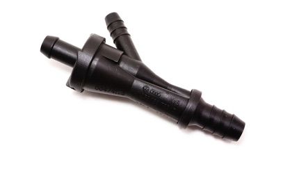Black plastic Y-shaped hose connector with multiple ribbed hose barb fittings for automotive use.