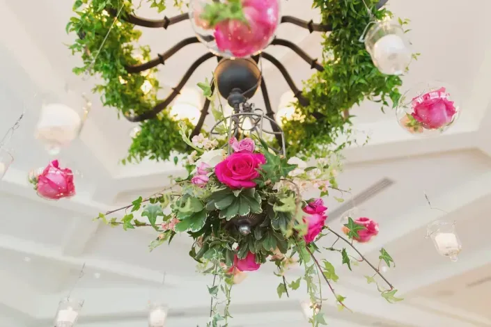 garland and flowers on chandelier