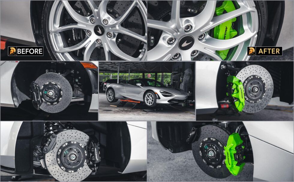 A collage of before and after photos of a car with green brake calipers.