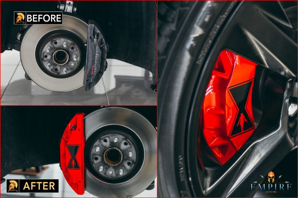 A before and after picture of a car with red brake calipers.