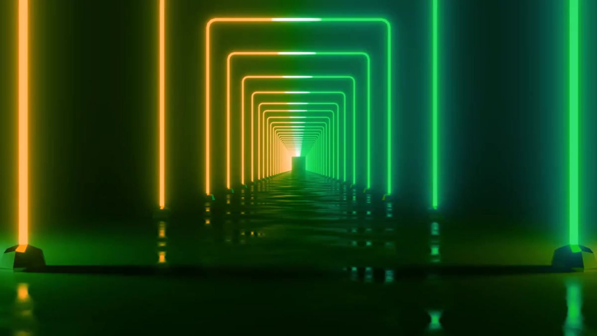 Neon tunnel with alternating yellow and green square lights, and a mirrored floor.
