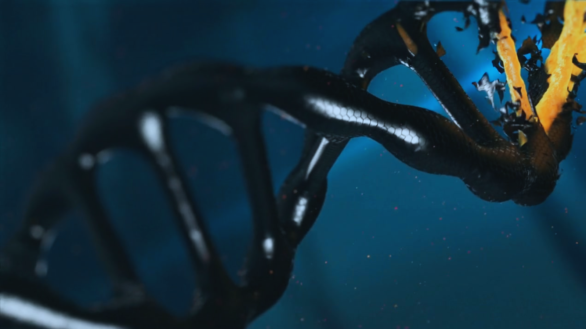 Twisted double helix DNA strand, black with yellow highlights, against a blue background.