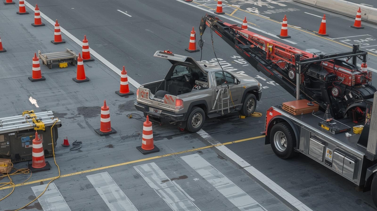 Burned-out car surrounded by orange cones on a city street, with a tow truck crane nearby