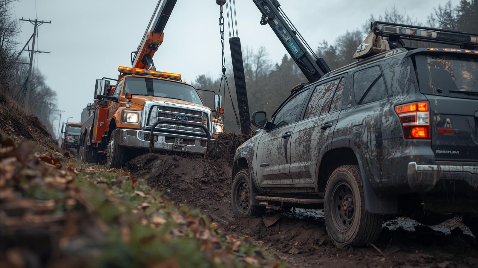 Tow truck and SUV on a muddy roadside after a storm, with a crane lifting debris in the background
