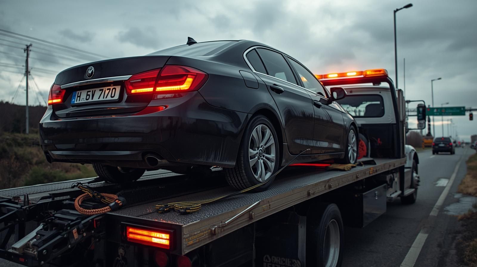 Black sedan on a tow truck at dusk, with hazard lights flashing on a wet roadside