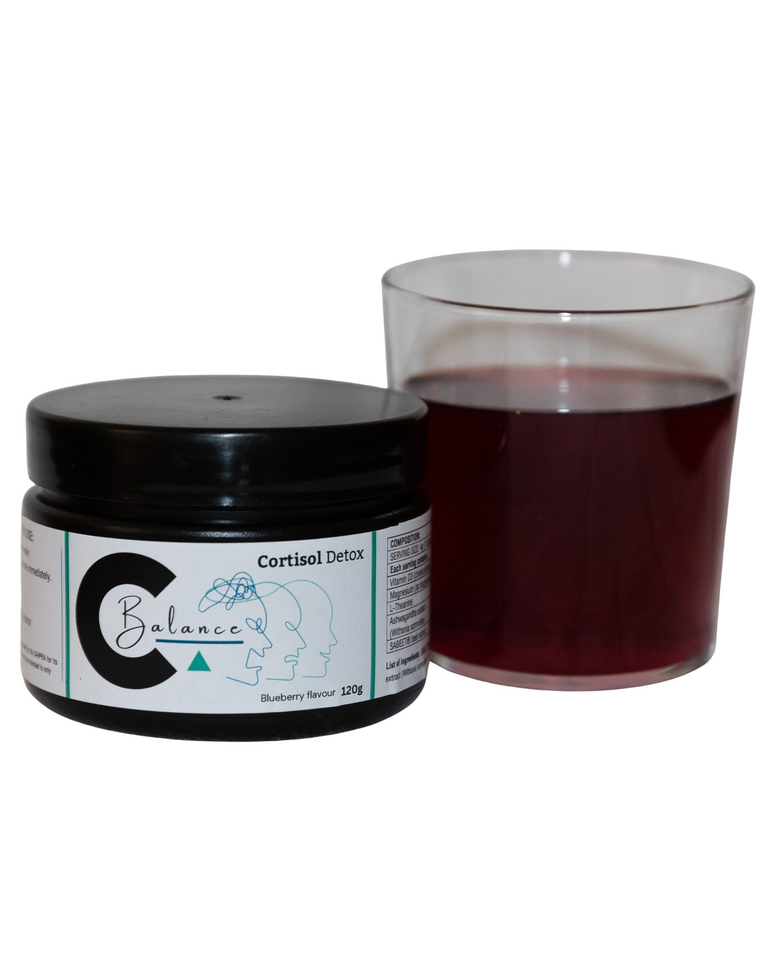 Jar of cream and glass with red liquid. Black jar has