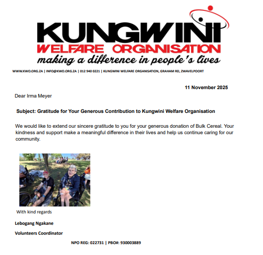 Letter of gratitude from Kungwini Welfare Organization to Irma Mayer, including a photo of people outside.