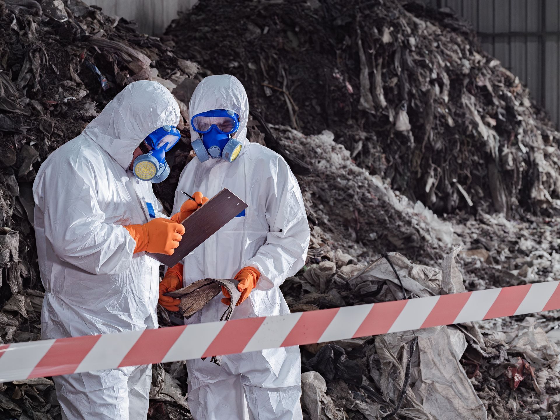 Two workers in hazmat suits near a pile of debris, one writing on a clipboard.
