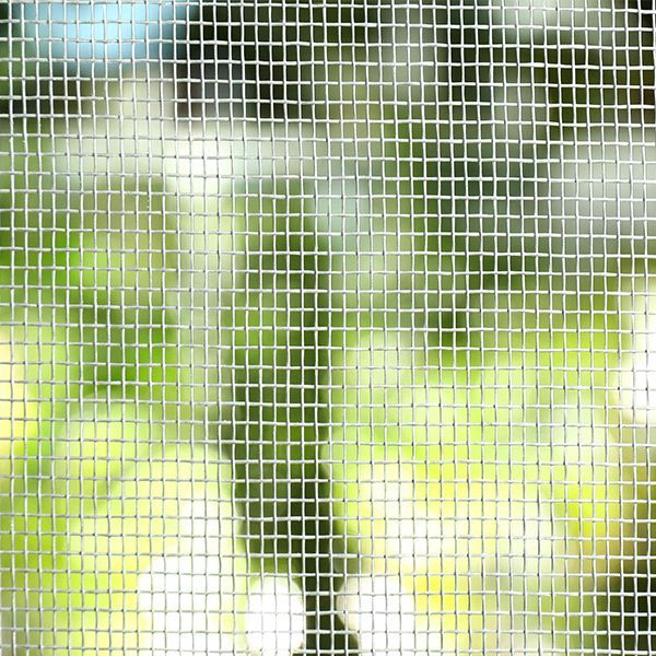 A blurry window covered by screen and mesh.
