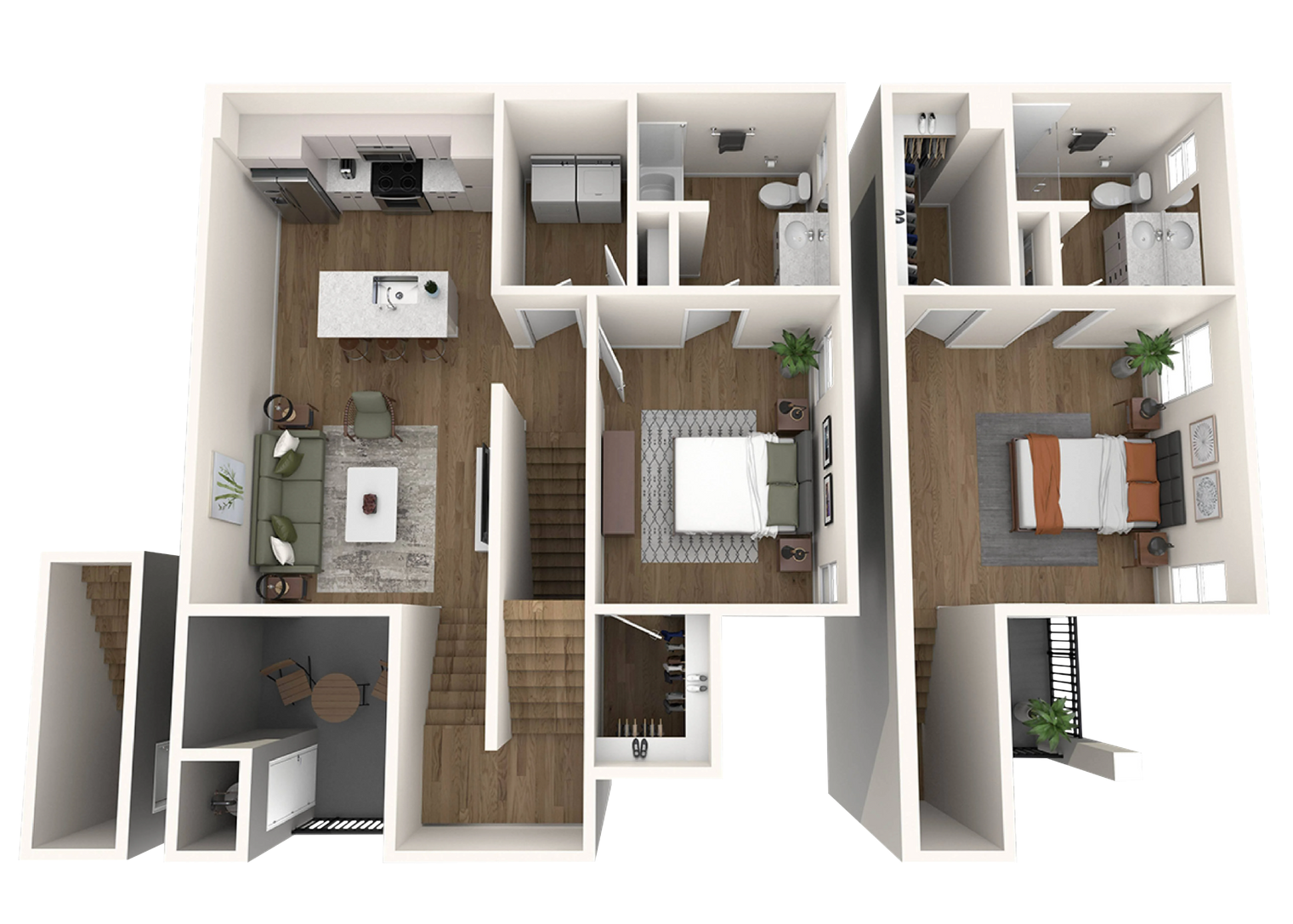 A 3d floor plan of a house with a bedroom , living room , and kitchen.