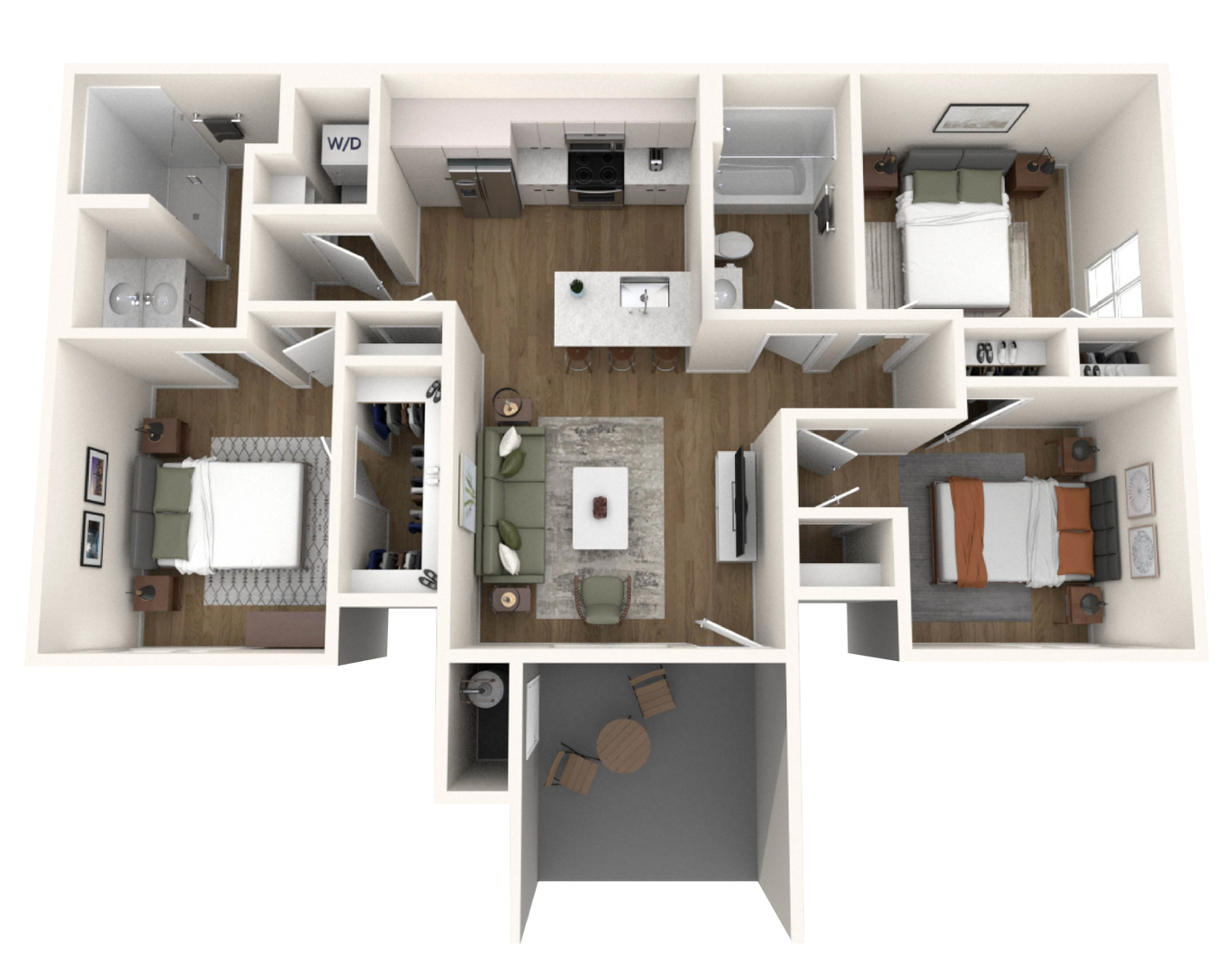 A 3d floor plan of a house with two bedrooms , a living room , and a kitchen.