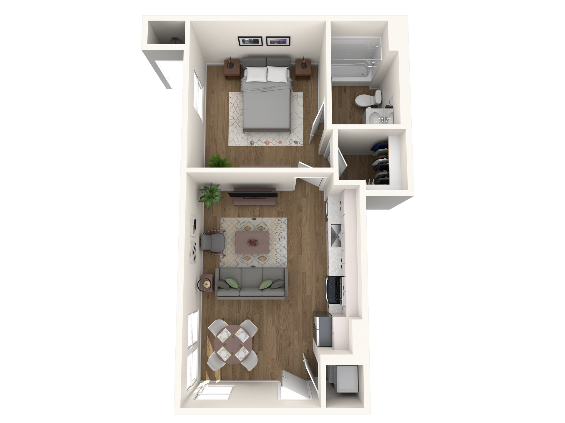 A 3d floor plan of a small apartment with a bedroom , living room , dining room , and bathroom.
