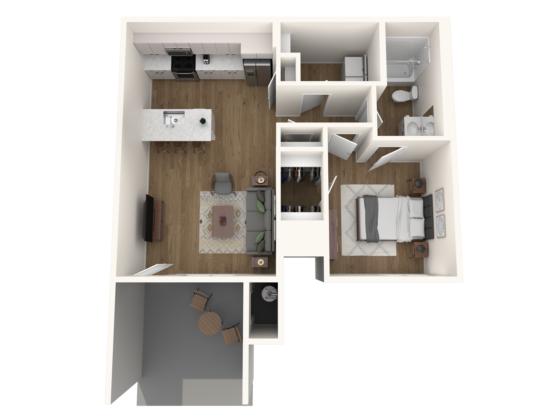 A 3d floor plan of a small apartment with a bedroom , living room , and kitchen.