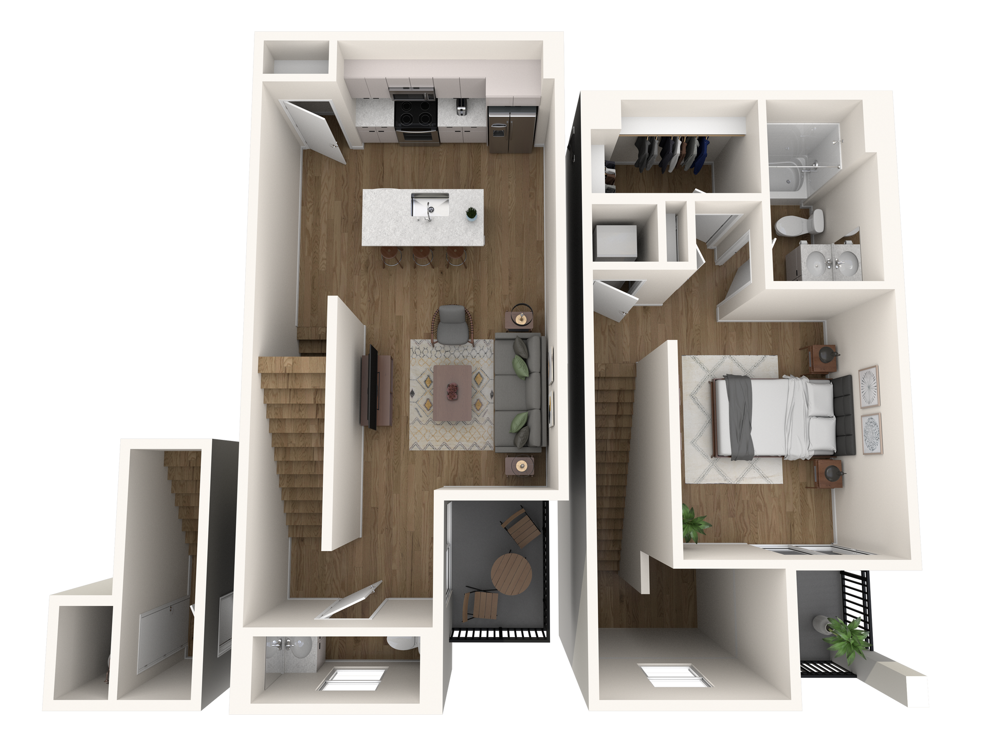 A 3d floor plan of a house with a bedroom , living room , and kitchen.
