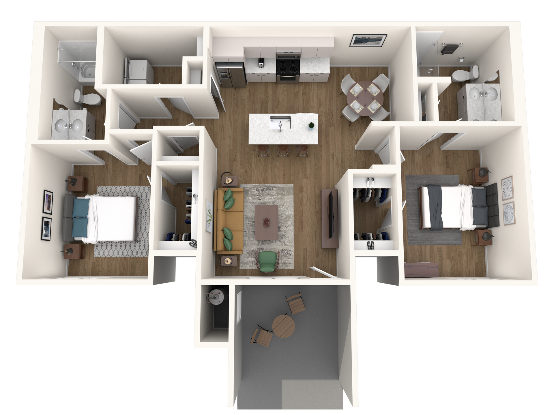 A 3d floor plan of a house with a lot of furniture.