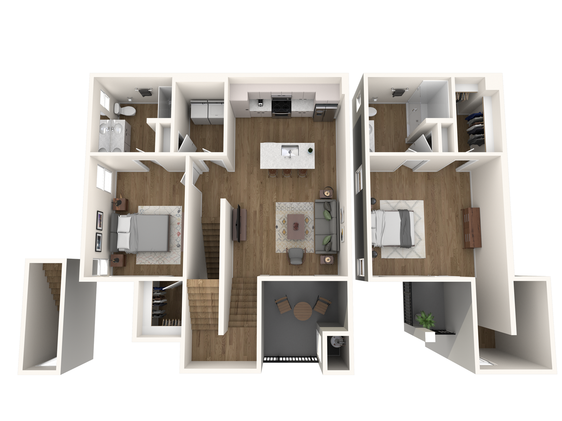A 3d floor plan of a house with a bedroom , living room , and kitchen.