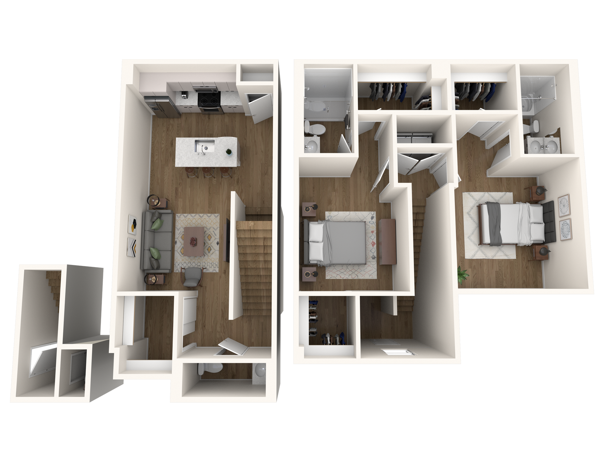 A 3d floor plan of a house with a bedroom , living room , and kitchen.