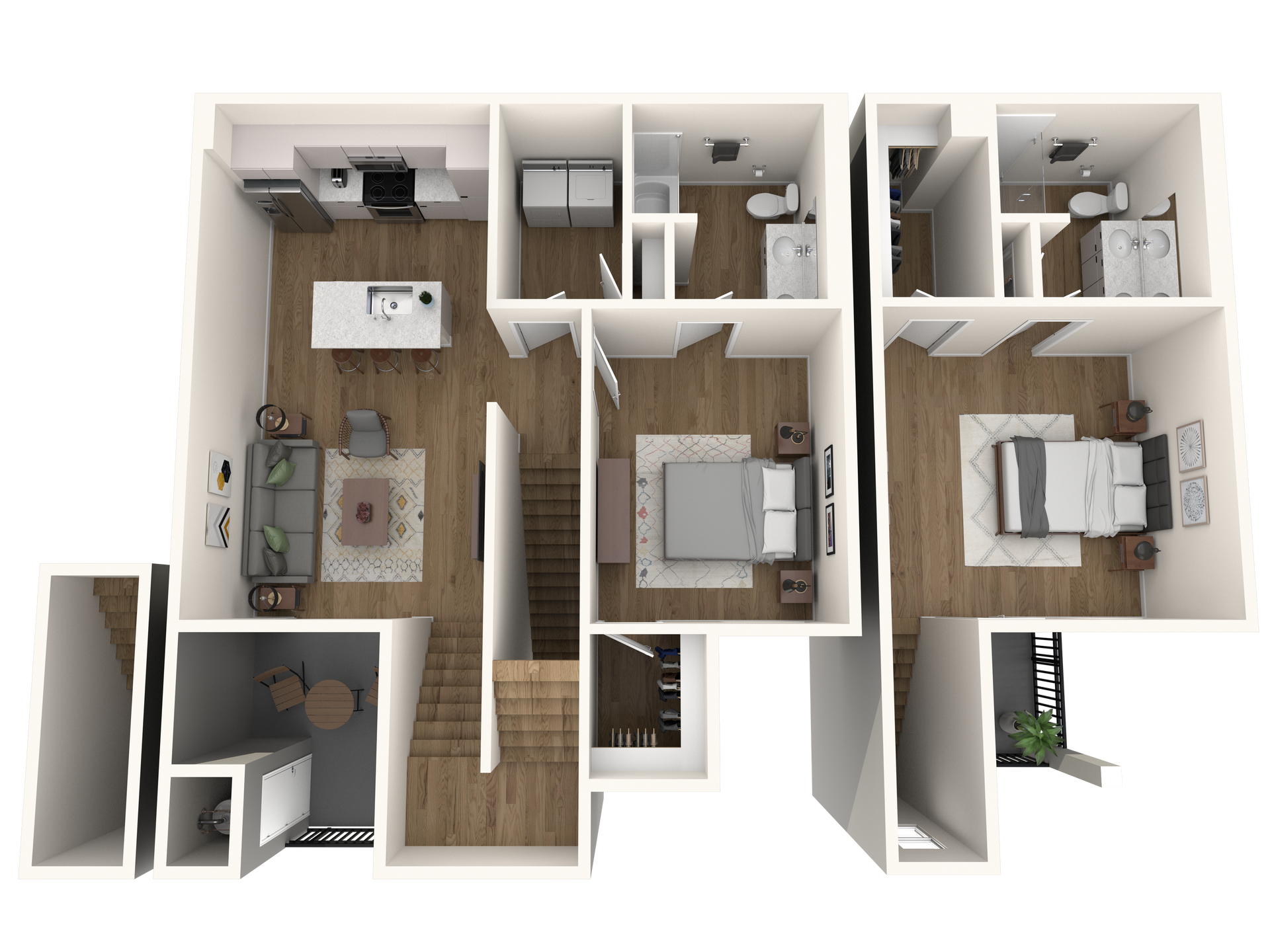 A 3d floor plan of a house with a bedroom , living room , and kitchen.