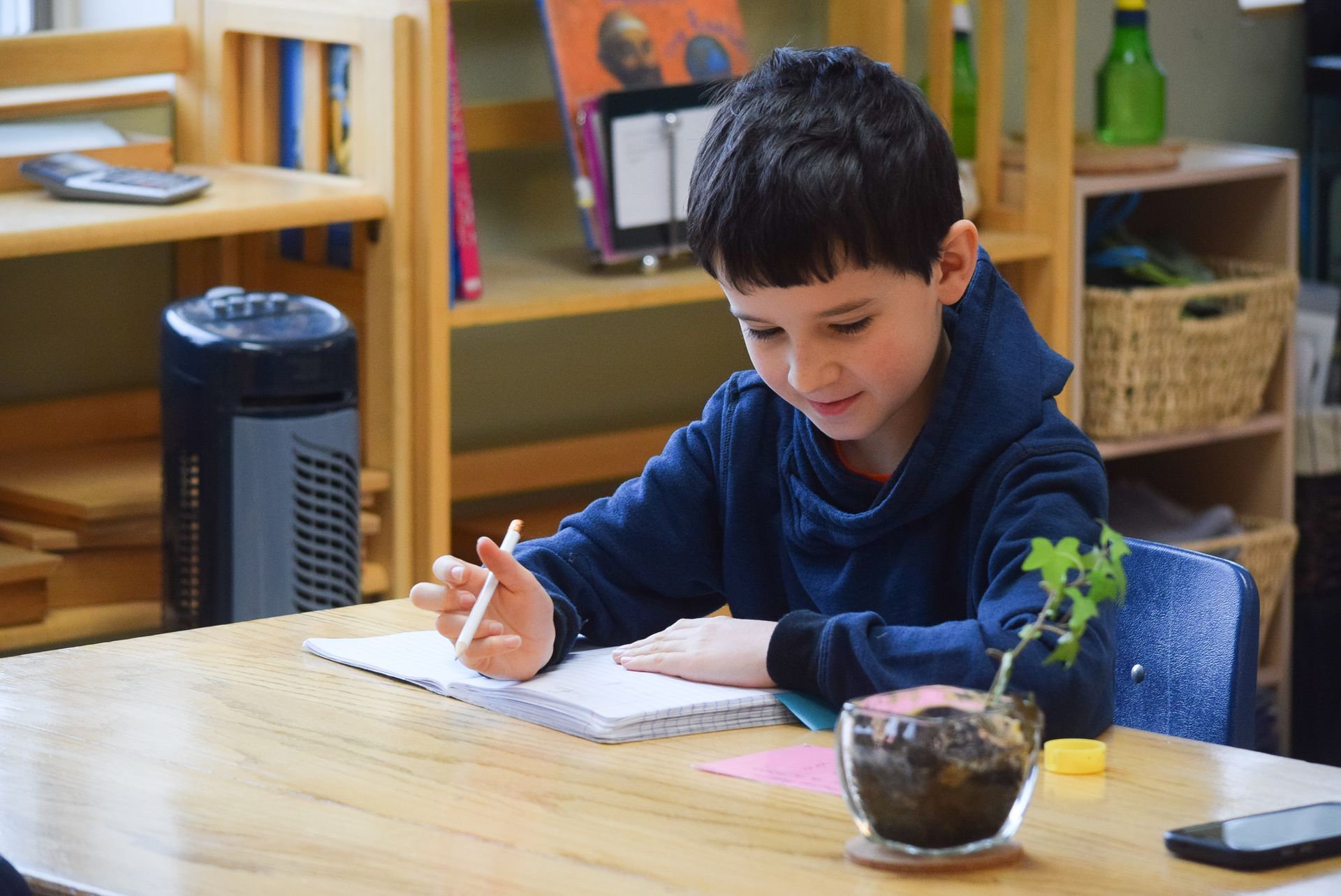 Boy in blue sweater writing at a wooden desk with a plant and notebook in a classroom setting.