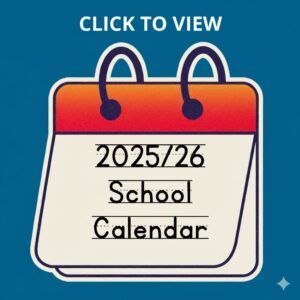 Calendar icon for the 2025/26 school year, orange and white, blue background, 