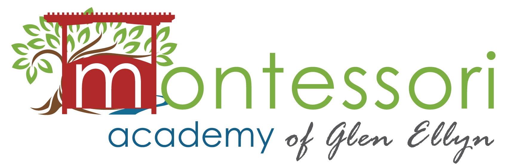 Logo for Montessori Academy of Glen Ellyn, green and red colors, a stylized tree and pergola shape with 