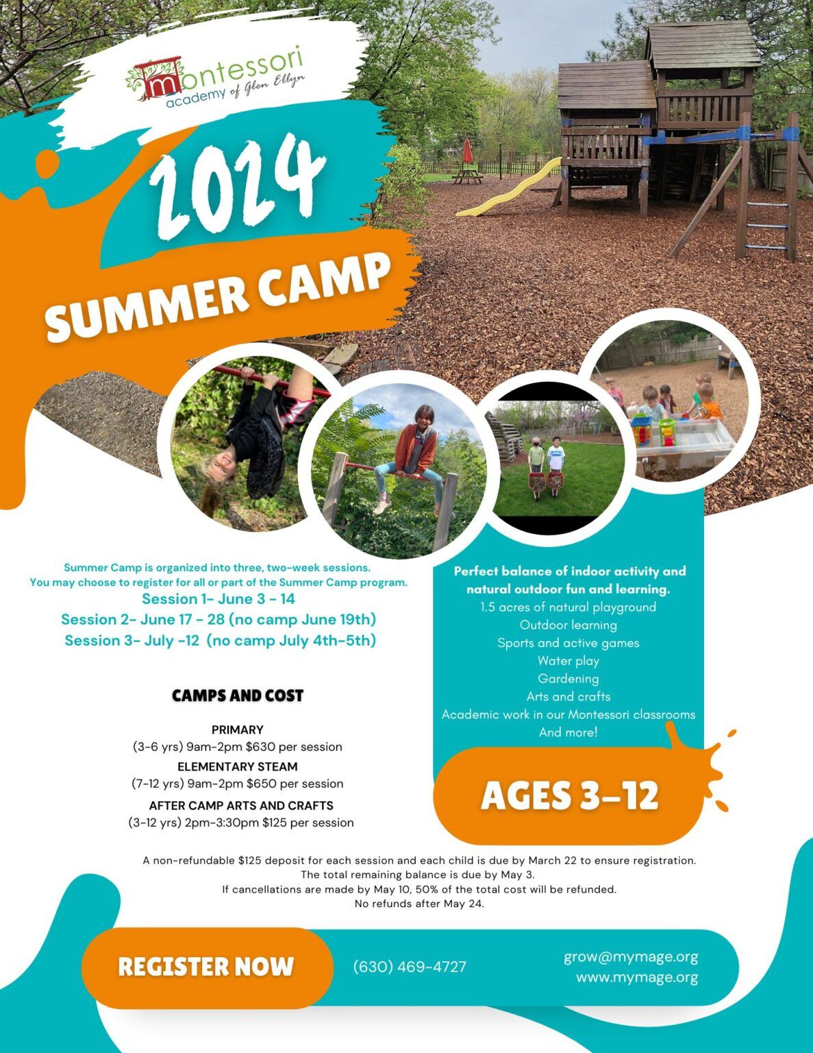 Summer camp flyer, outdoor playground. Ages 3-12. Includes dates, activities, and contact info.