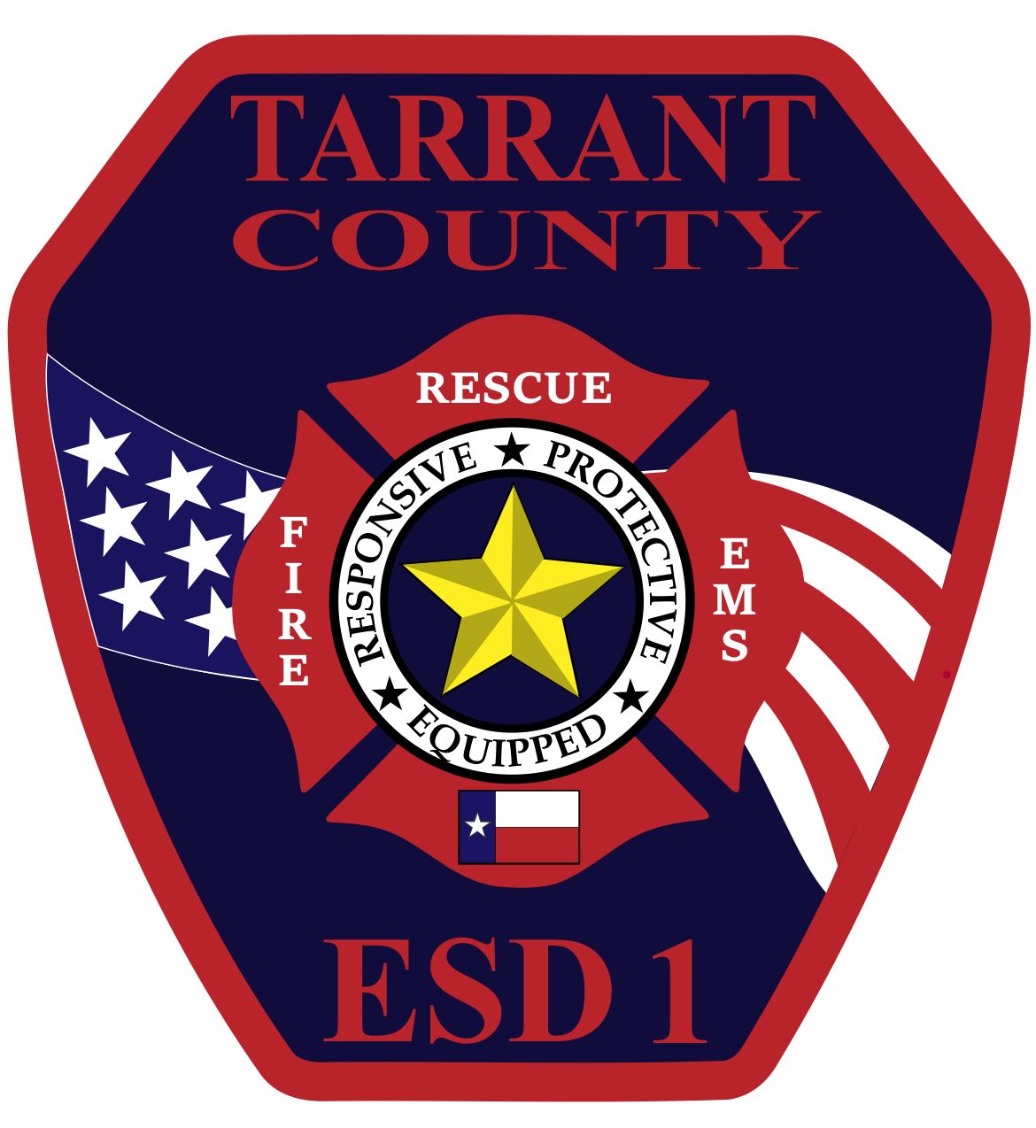 Tarrant County ESD 1 emblem, red and blue shield, Maltese cross, Texas flag, and American flag.