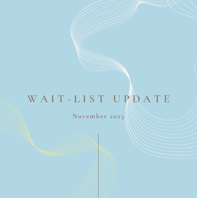 A blue background with white lines and the words wait list update november 2021