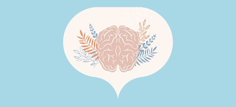 A speech bubble with a brain and leaves inside of it.