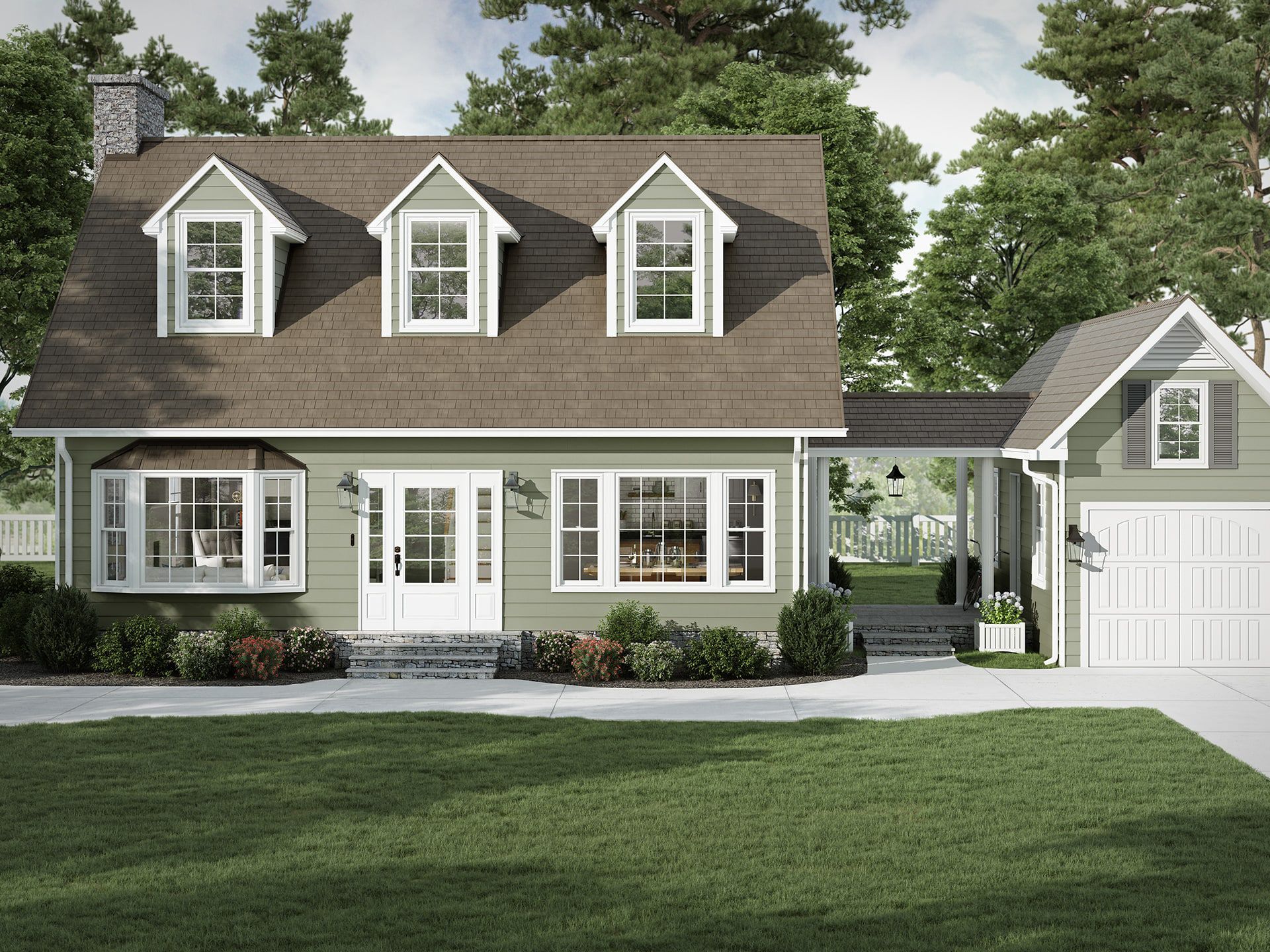 A two-story sage green house with a brown roof, three dormer windows, a bay window, and an attached garage.