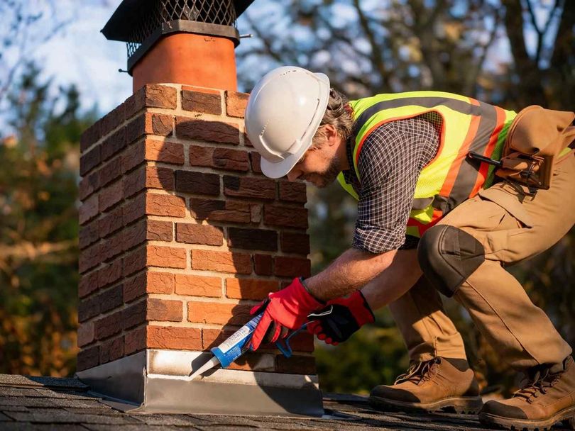 A worker in a high-visibility vest and hard hat applies sealant to the base of a brick chimney on a shingled roof.
