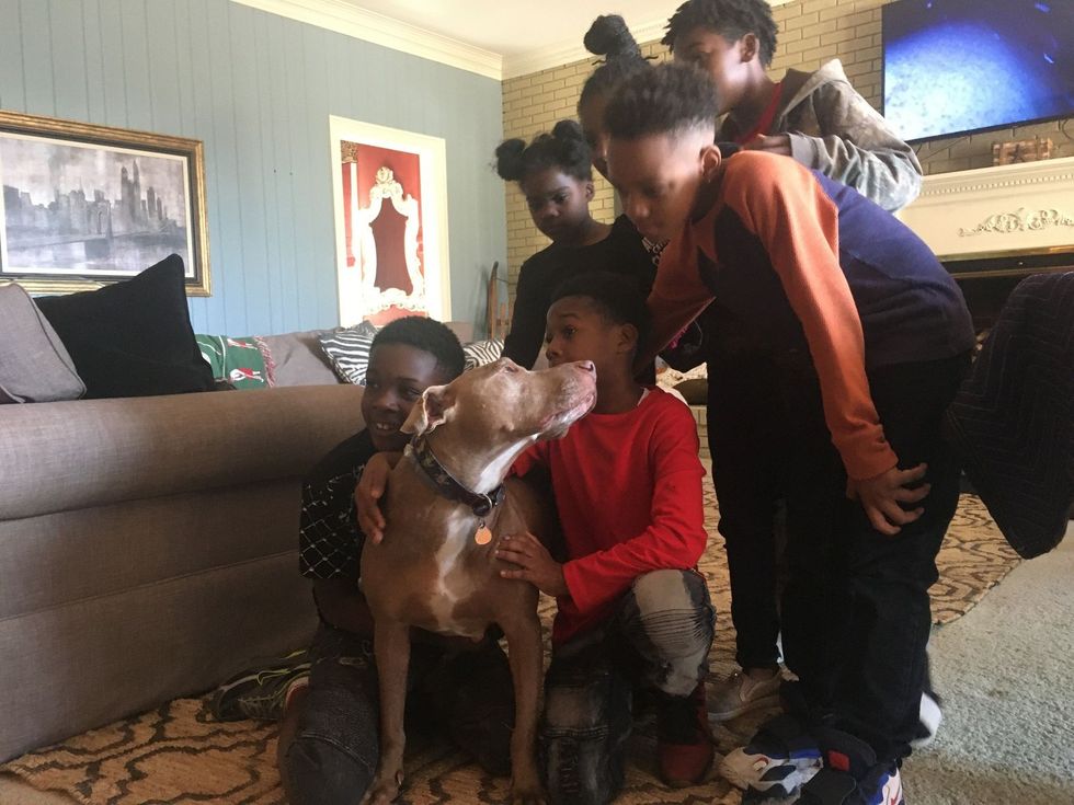 Five people gathered in a living room, leaning in and smiling while petting a brown pit bull-type dog.