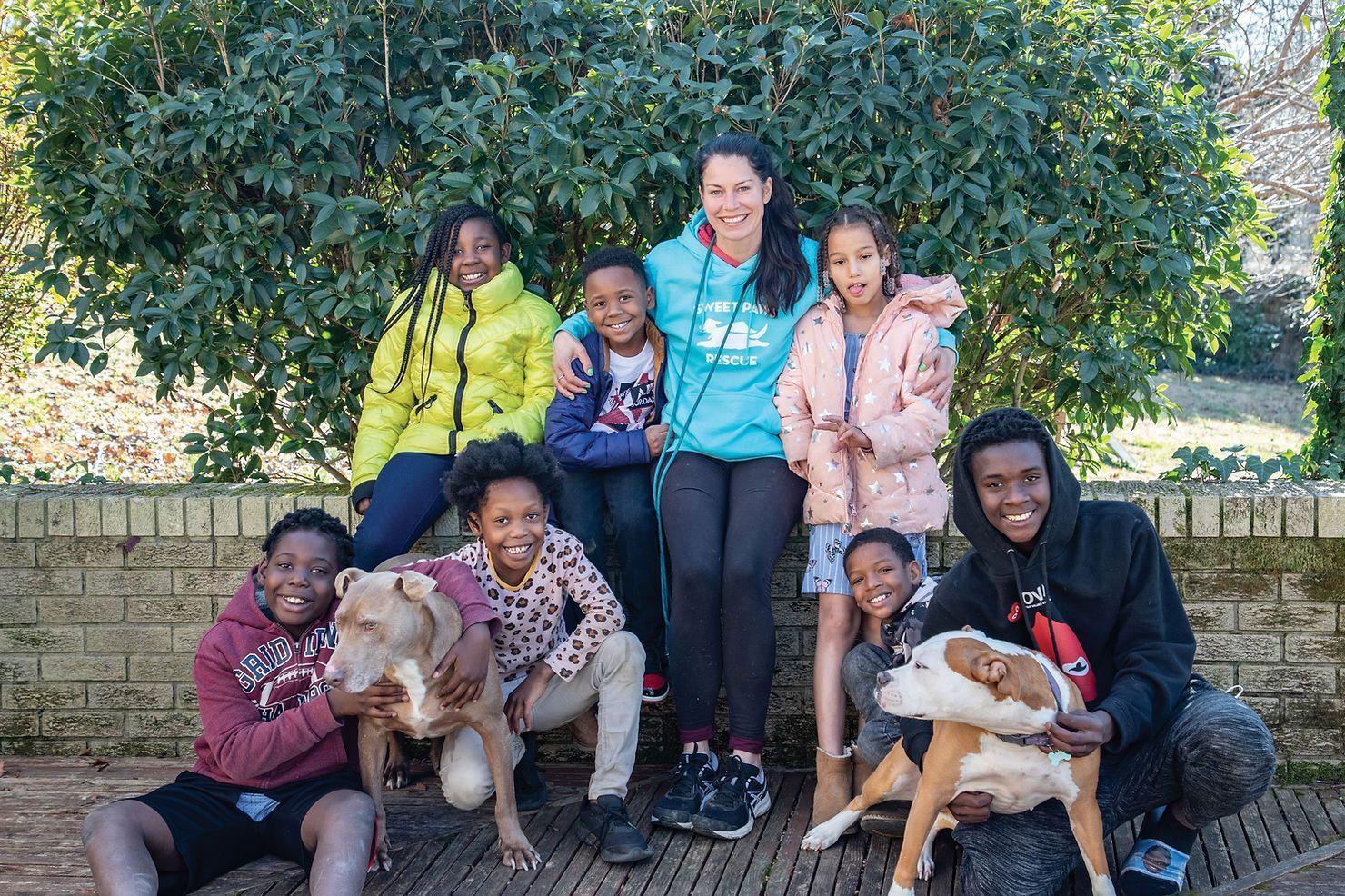A group of people and two dogs pose together outdoors in front of a hedge and brick wall on a sunny day.